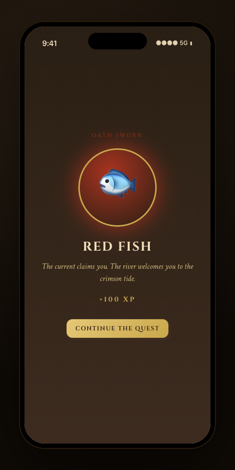 RenQuest gem-tap ceremony on a phone screen — an oath sworn, a gem added to the hoard