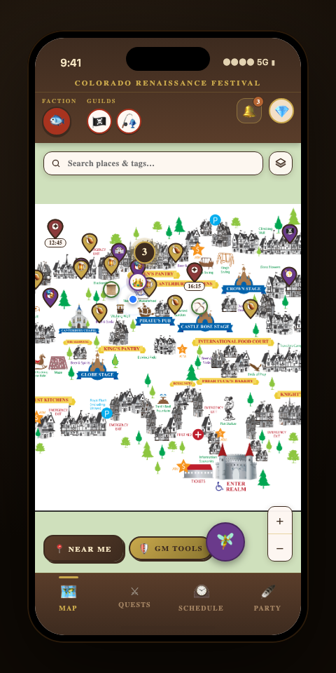 RenQuest faire map view showing vendor locations and navigation on a guest's phone