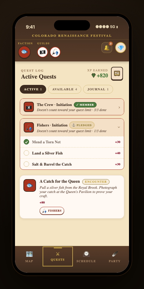 RenQuest guest quest log showing active quests and XP progress on a phone screen
